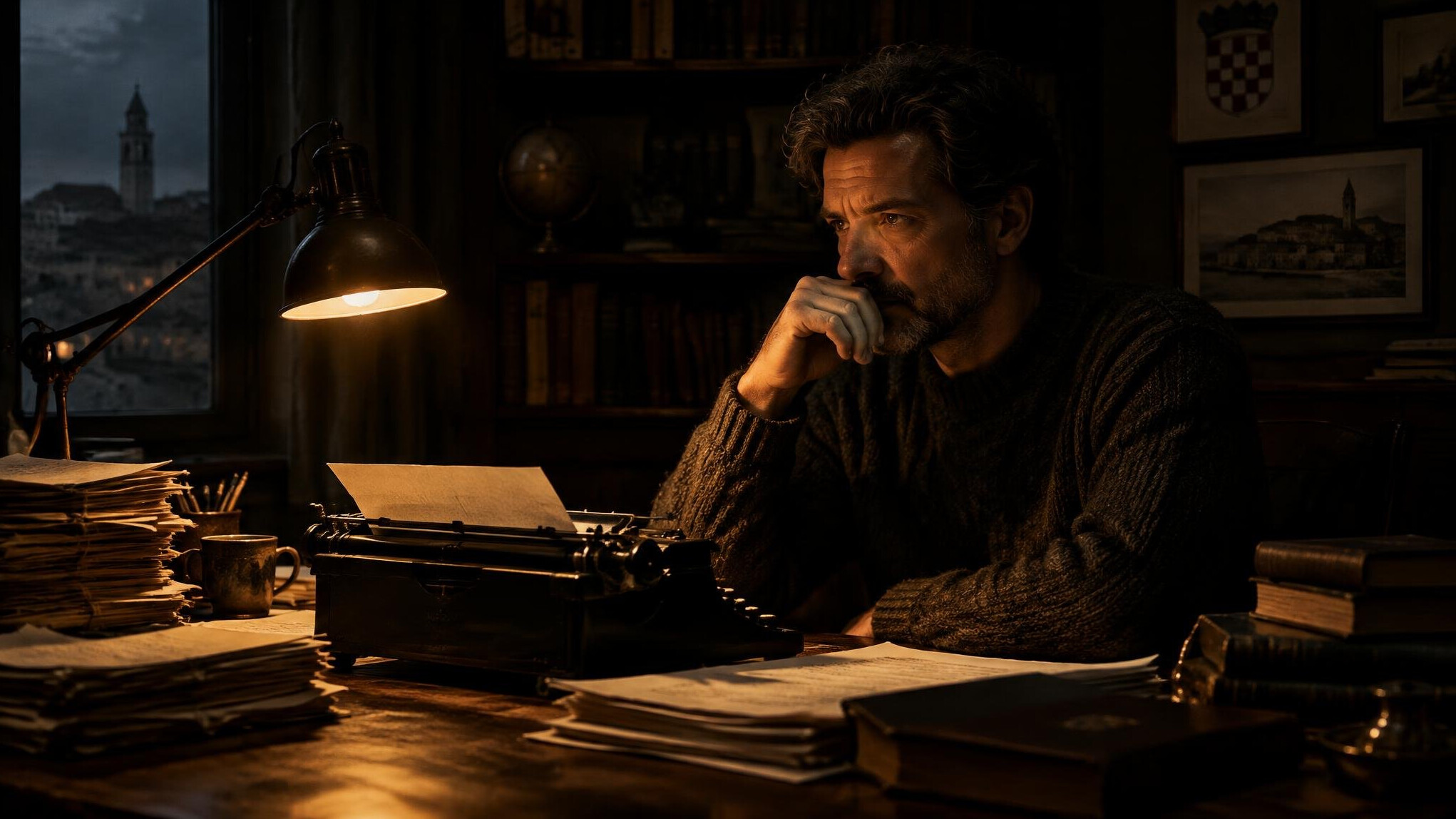 Croatian mystery writer working at a wooden desk in a dimly lit study, typewriter and papers scattered around