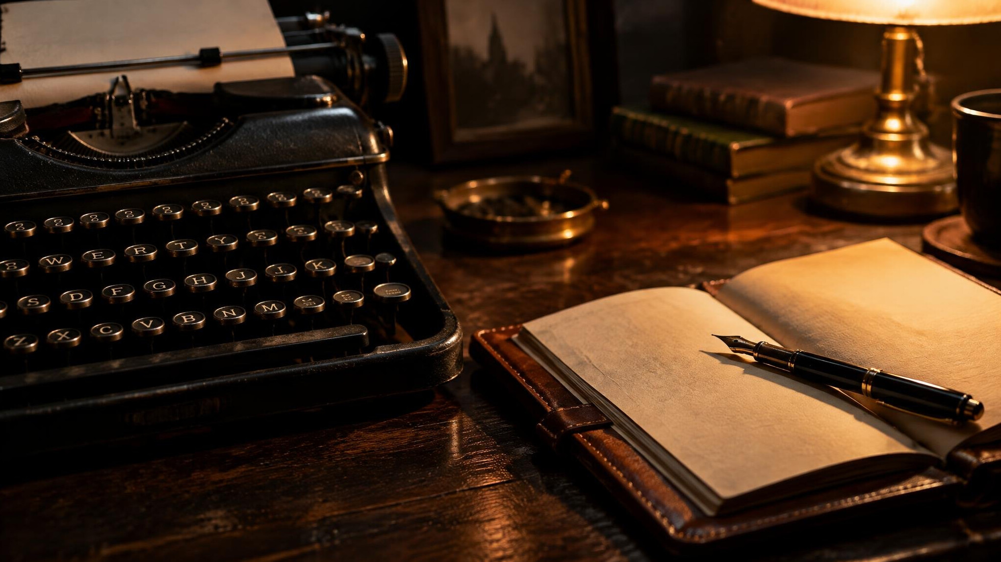 Close-up of a vintage typewriter, notebook and fountain pen on a wooden desk