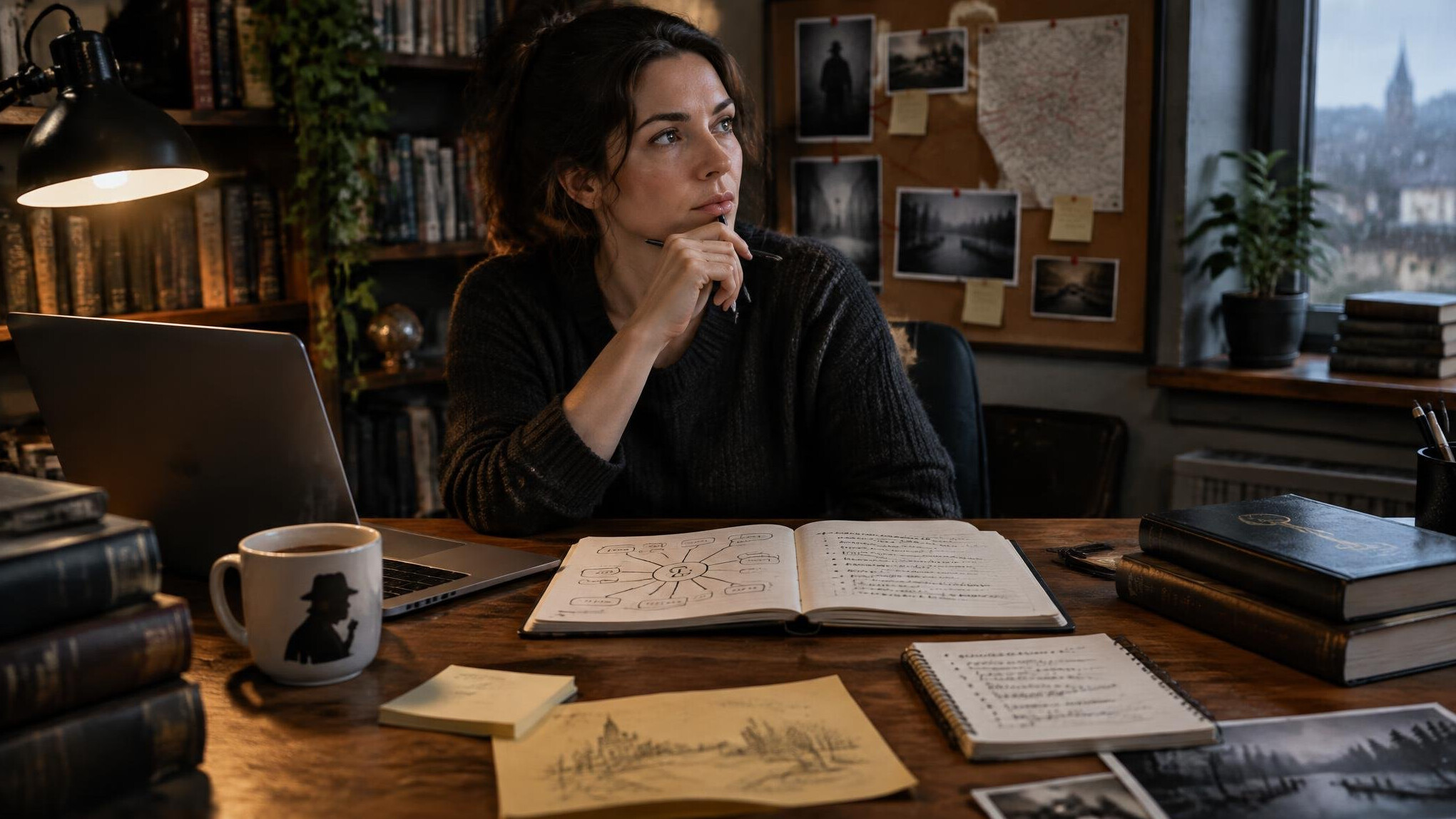 writer at desk thinking